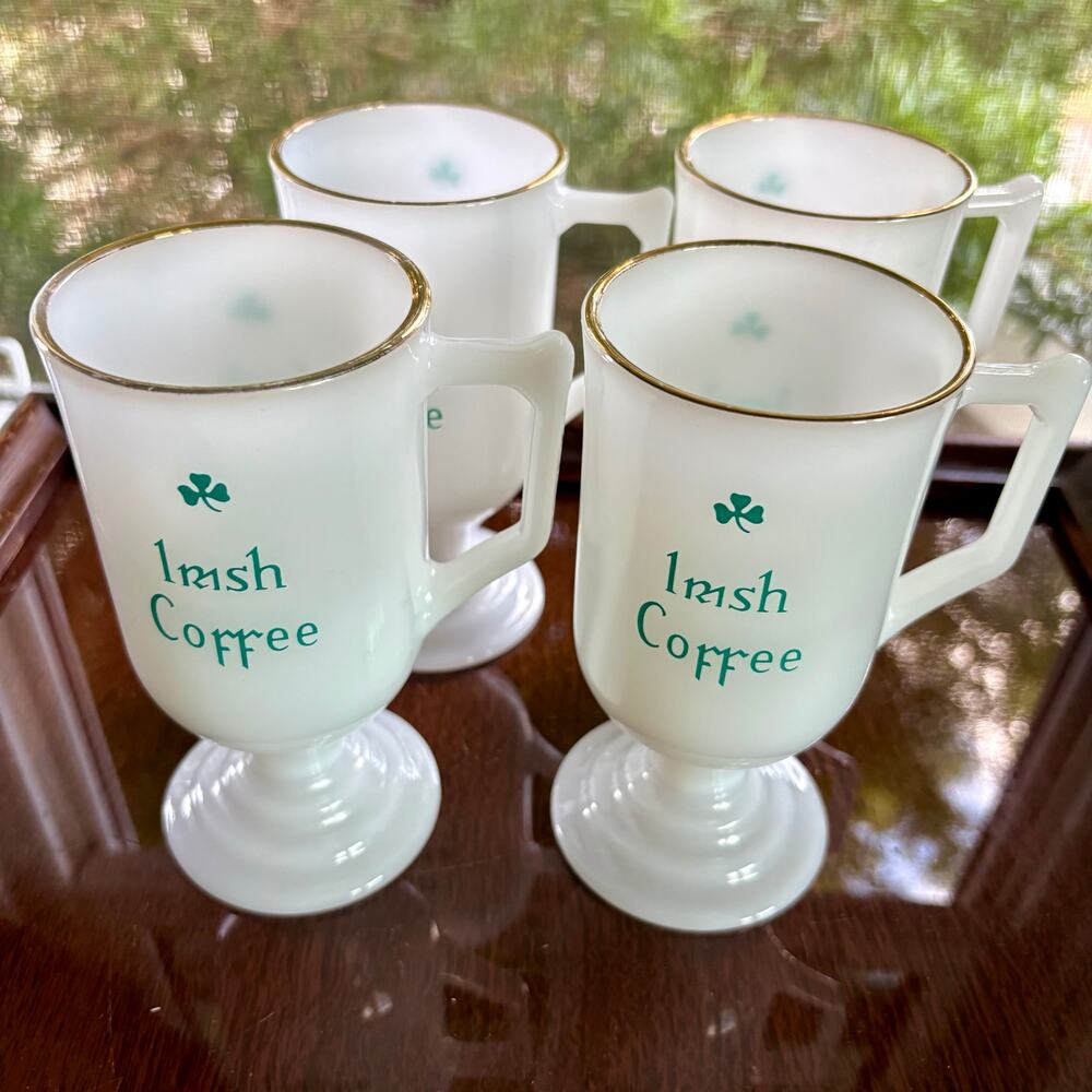 Vintage Irish Coffee Milk Glass Mugs Set of 4 Gold Rim, St. Patrick's Day